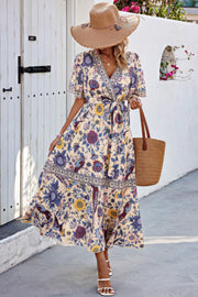 Floral Print Lace Trim Cross Belt A Line Dress