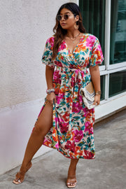 Plus Size Floral Print Cross Belt Fit Dress