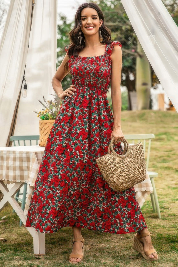 Floral Shirred Sleeveless High Waist A Line Dress