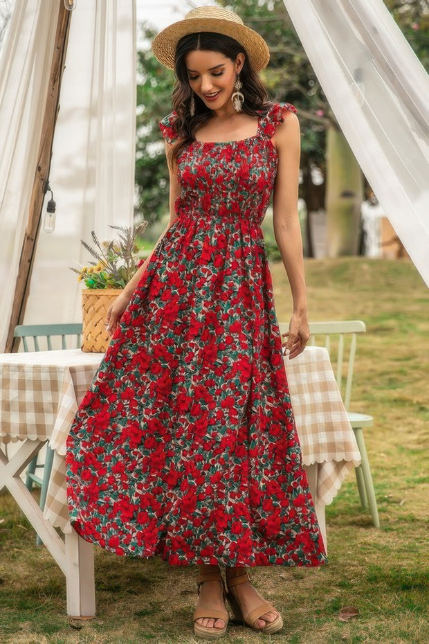 Floral Shirred Sleeveless High Waist A Line Dress