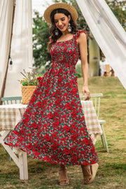 Floral Shirred Sleeveless High Waist A Line Dress