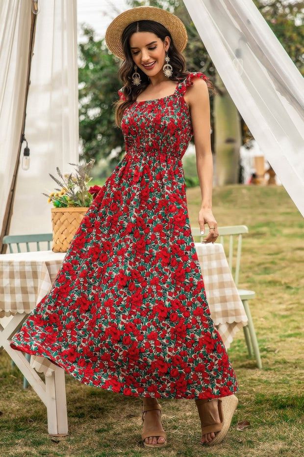 Floral Shirred Sleeveless High Waist A Line Dress