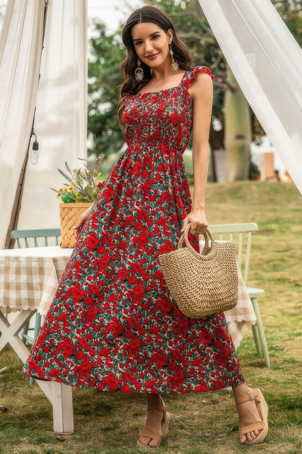 Floral Shirred Sleeveless High Waist A Line Dress