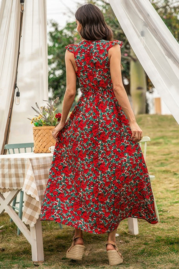 Floral Shirred Sleeveless High Waist A Line Dress