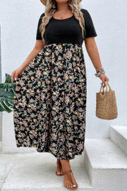 Plus Floral Print Elastic Fit High Waist Dress