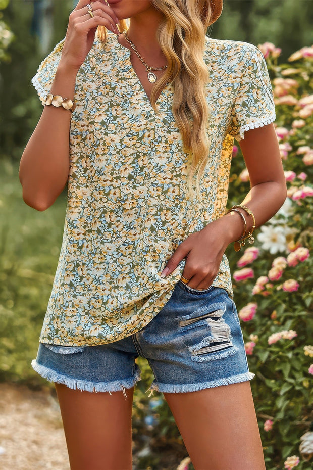 Crewneck Lace Crochet Short Sleeve Loose Blouse