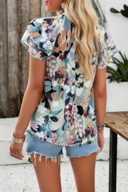 Floral Printed Mock Neck Ruffle Sleeve Loose Blouse