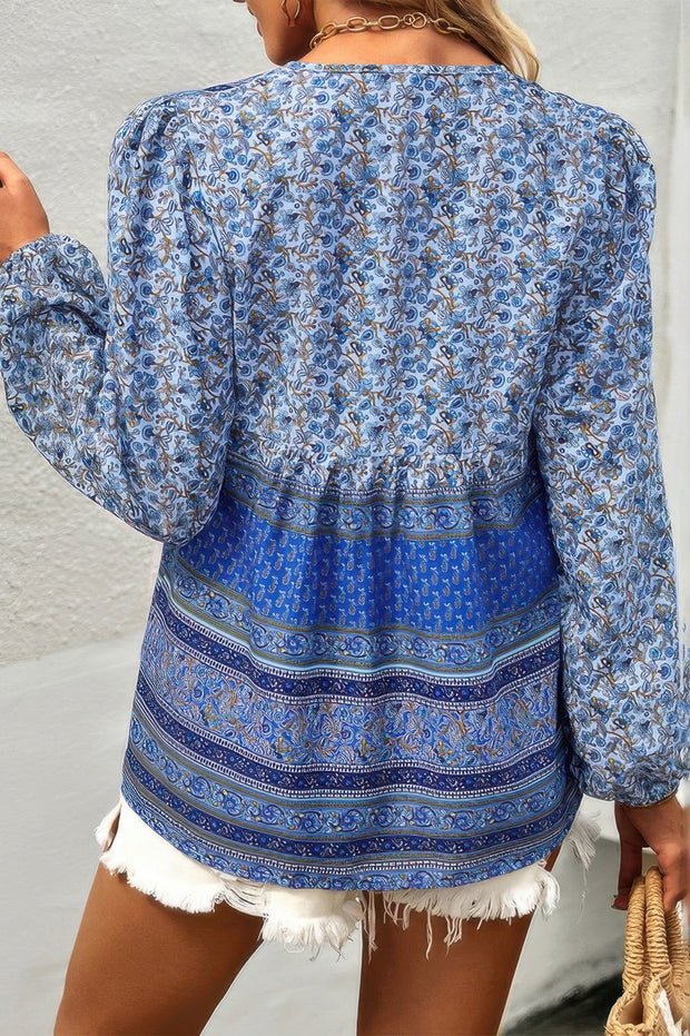 Tie Neck Boho Floral Tunics Long Sleeve Shirt