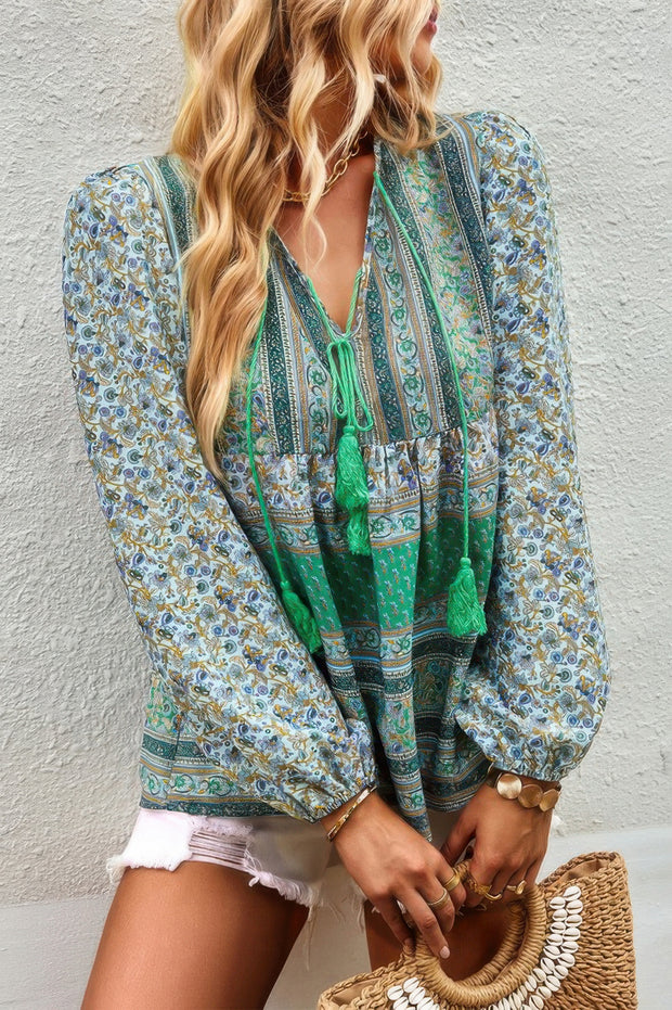 Tie Neck Boho Floral Tunics Long Sleeve Shirt