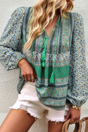 Tie Neck Boho Floral Tunics Long Sleeve Shirt