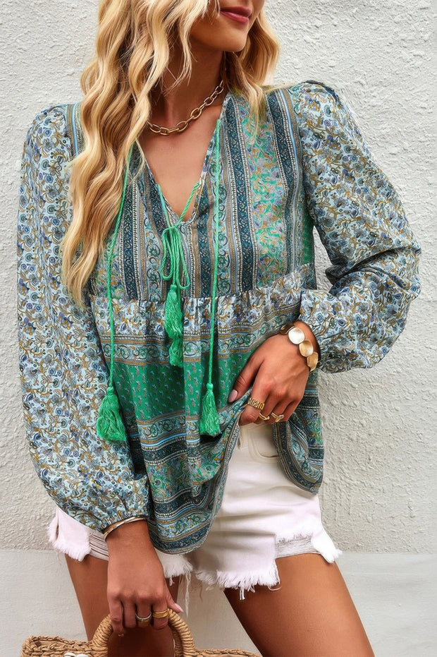 Tie Neck Boho Floral Tunics Long Sleeve Shirt