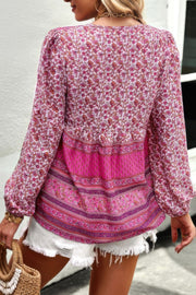 Tie Neck Boho Floral Tunics Long Sleeve Shirt