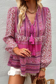 Tie Neck Boho Floral Tunics Long Sleeve Shirt