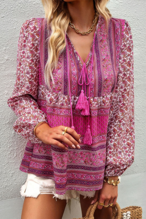 Tie Neck Boho Floral Tunics Long Sleeve Shirt