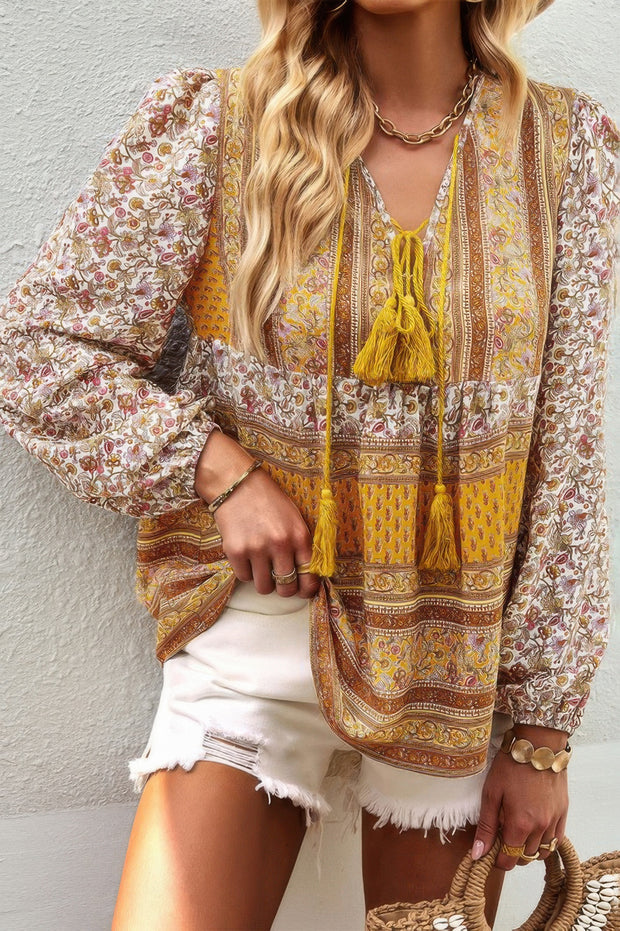 Tie Neck Boho Floral Tunics Long Sleeve Shirt