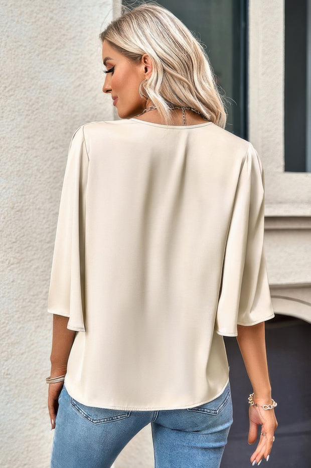 Solid V Neck Satin High Low Hem Blouse