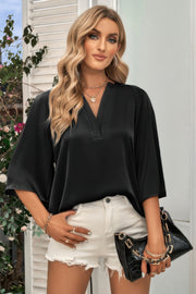 Solid V Neck Satin High Low Hem Blouse