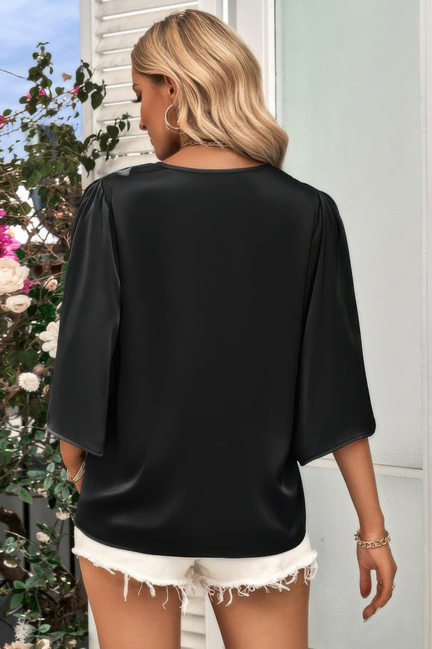 Solid V Neck Satin High Low Hem Blouse