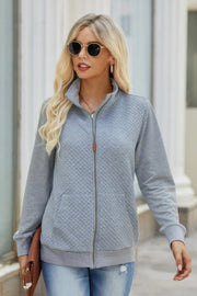 Solid Zip Up Quilted Charm Pockets Jacket