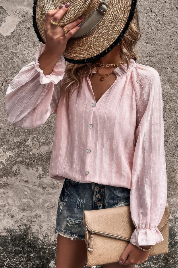 Lapel V Neck Button Down Solid Long Sleeves Shirt