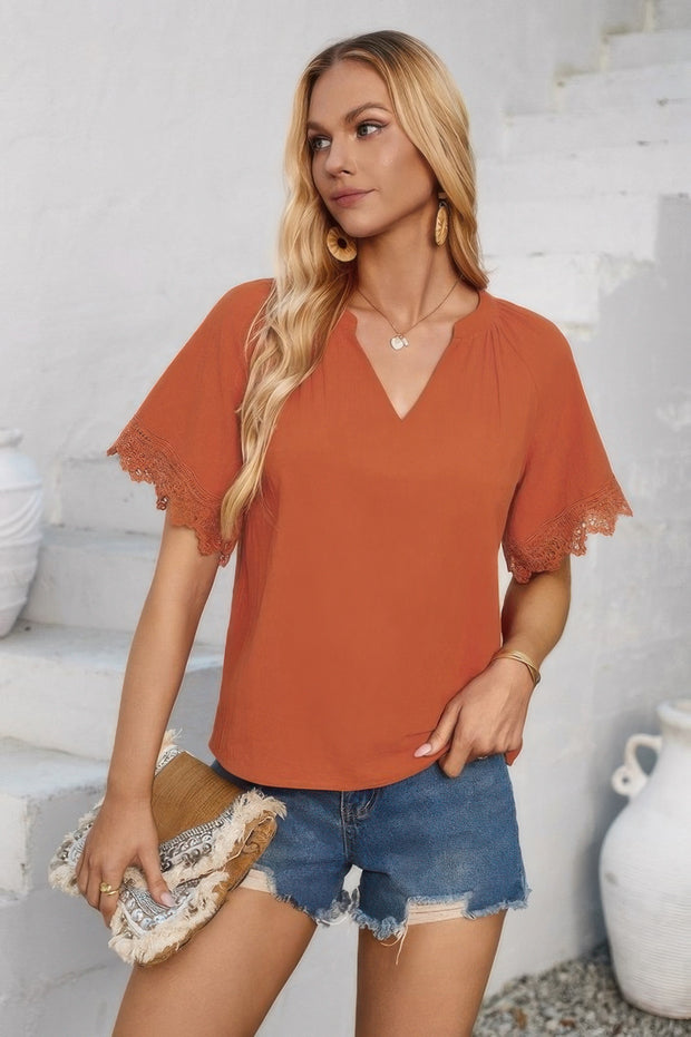 Solid V Neck Lace Hem Butterfly Sleeve Blouse