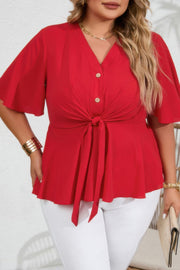 Plus Solid Butterfly Sleeve Knot Front Peplum Shirt