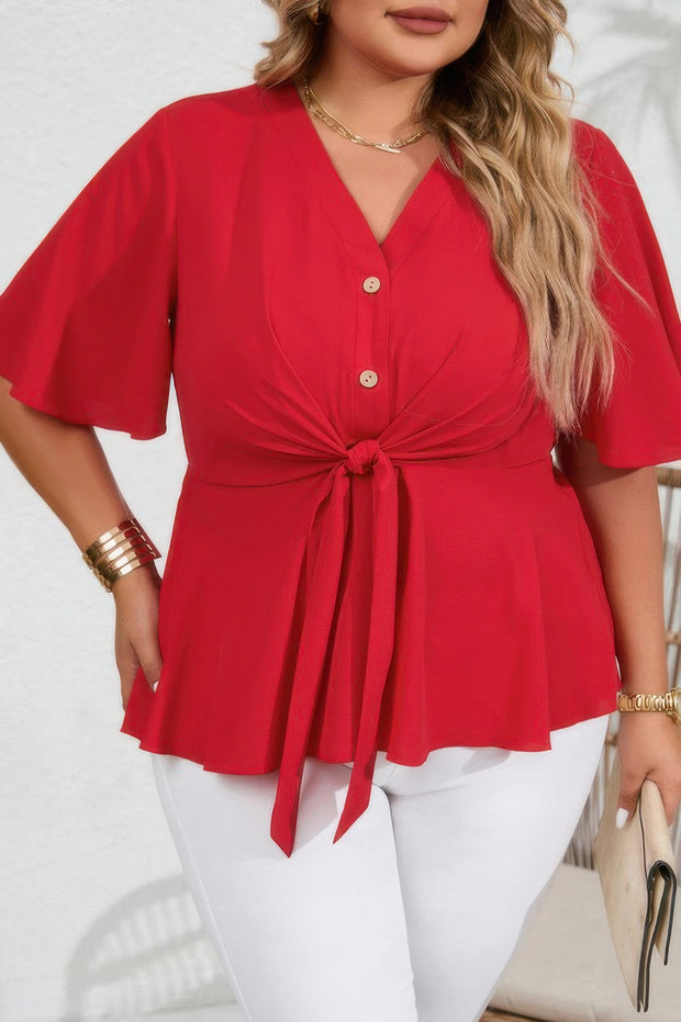Plus Solid Butterfly Sleeve Knot Front Peplum Shirt
