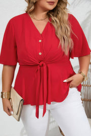 Plus Solid Butterfly Sleeve Knot Front Peplum Shirt