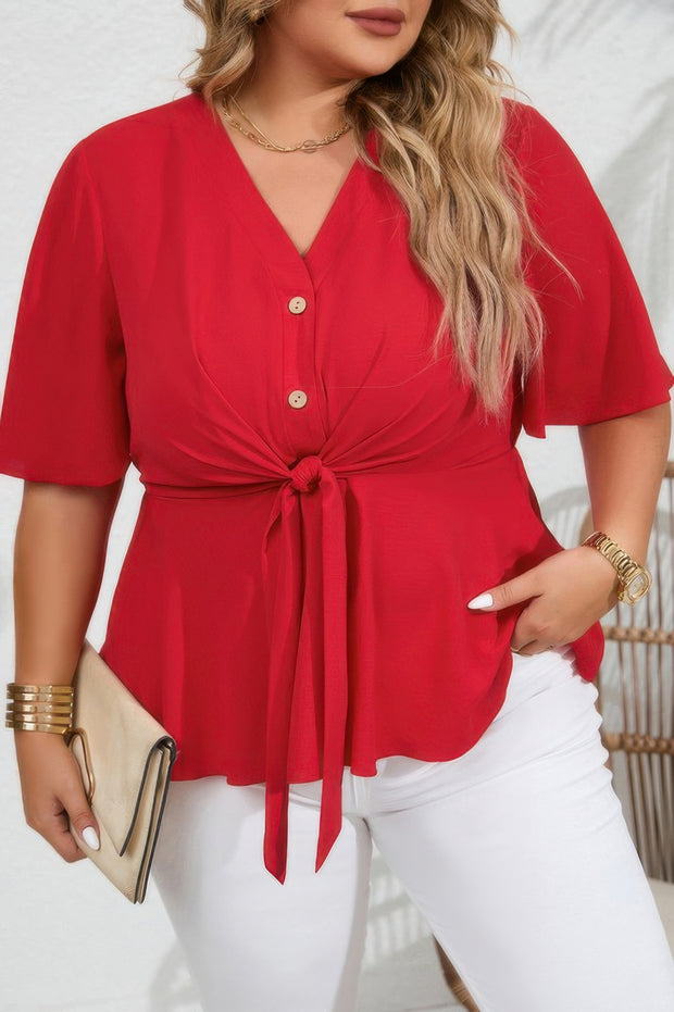 Plus Solid Butterfly Sleeve Knot Front Peplum Shirt