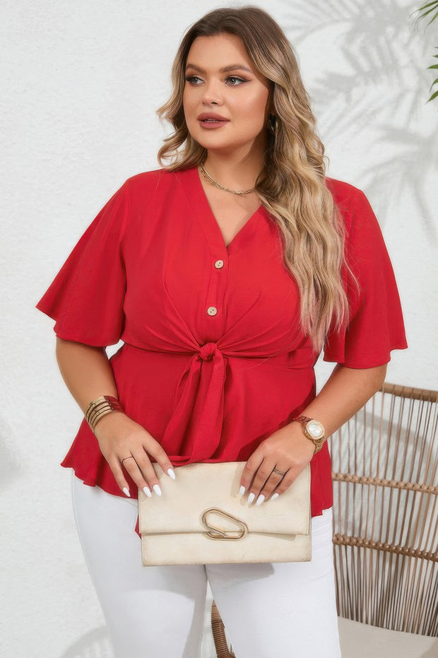 Plus Solid Butterfly Sleeve Knot Front Peplum Shirt