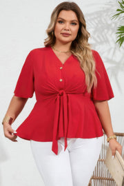 Plus Solid Butterfly Sleeve Knot Front Peplum Shirt