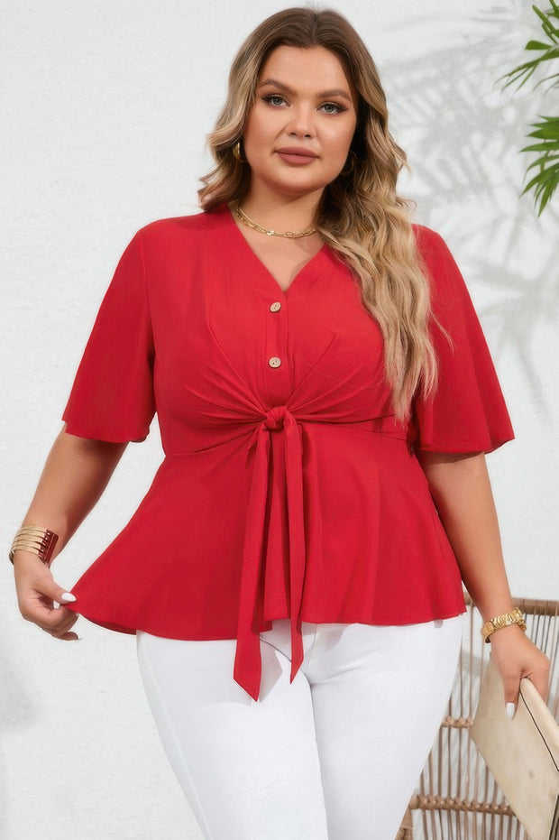 Plus Solid Butterfly Sleeve Knot Front Peplum Shirt