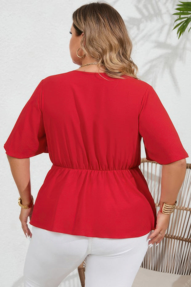 Plus Solid Butterfly Sleeve Knot Front Peplum Shirt