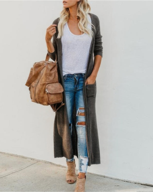 Solid Button Down Front Pocket Knitted Cardigan