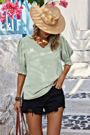 Solid Chiffon V Neck Smock Sleeve Blouse