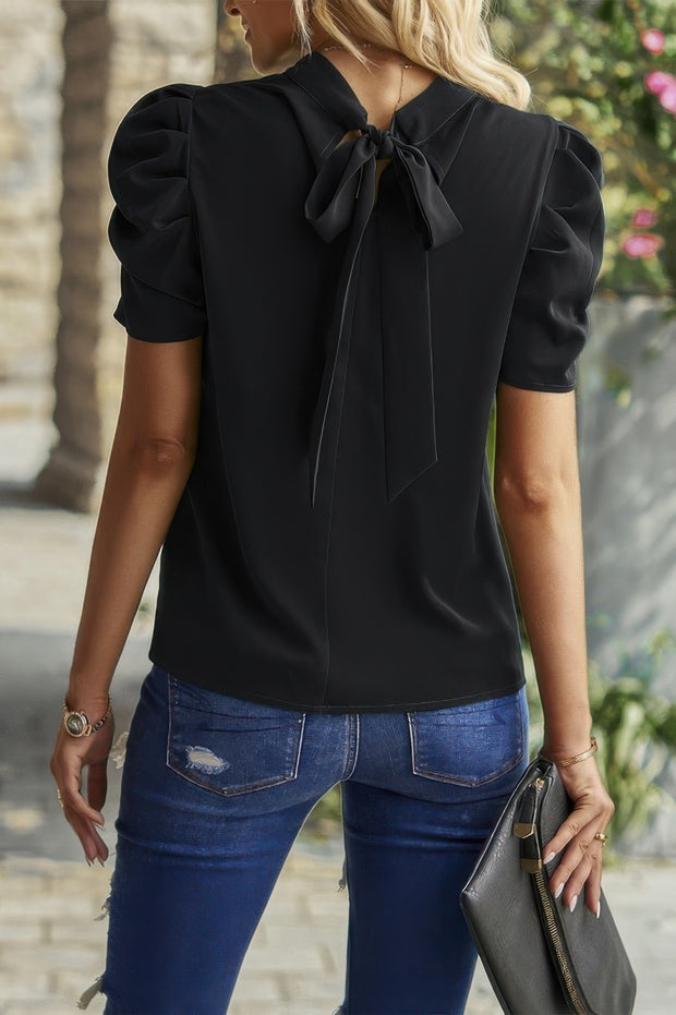 Solid Puff Short Sleeve Mock Neck Pleated T Shirt