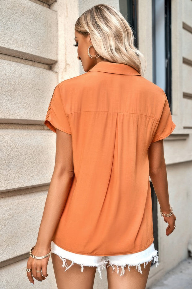 Pleated Solid Short Sleeve Button Down Shirt