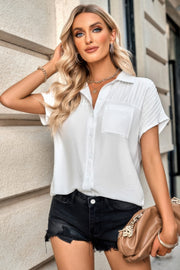 Pleated Solid Short Sleeve Button Down Shirt