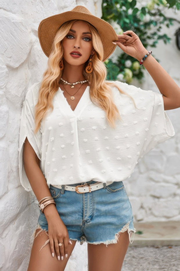 Solid Loose V Neck Fur Ball Bat Sleeves Top