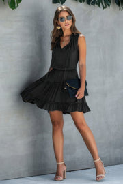 Sleeveless Tie Neck Frill Trim Tiered Layer Dress