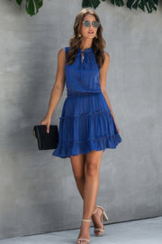 Sleeveless Tie Neck Frill Trim Tiered Layer Dress