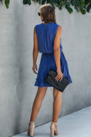 Sleeveless Tie Neck Frill Trim Tiered Layer Dress