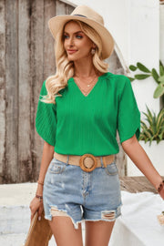 Plain V Neck Loose Fit Short Sleeve Blouse