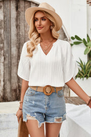 Plain V Neck Loose Fit Short Sleeve Blouse
