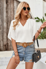 Plain V Neck Loose Fit Short Sleeve Blouse