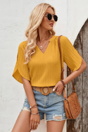Plain V Neck Loose Fit Short Sleeve Blouse