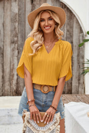 Plain V Neck Loose Fit Short Sleeve Blouse