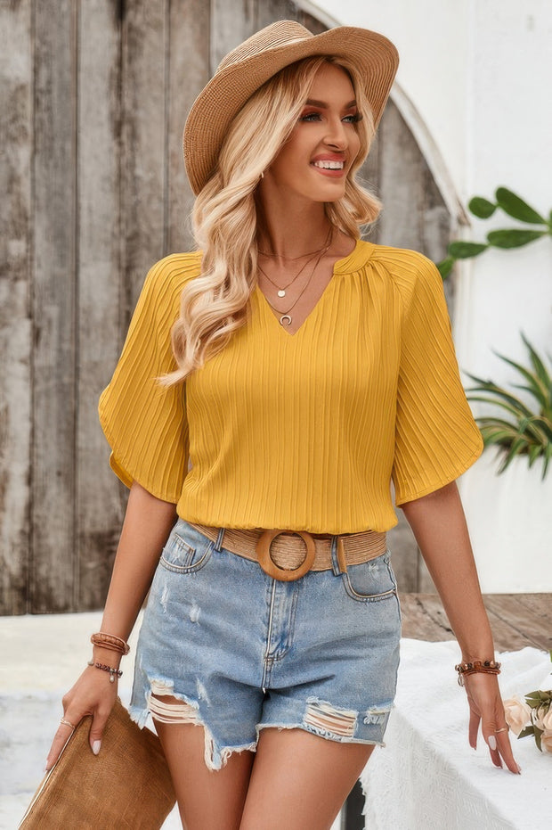 Plain V Neck Loose Fit Short Sleeve Blouse