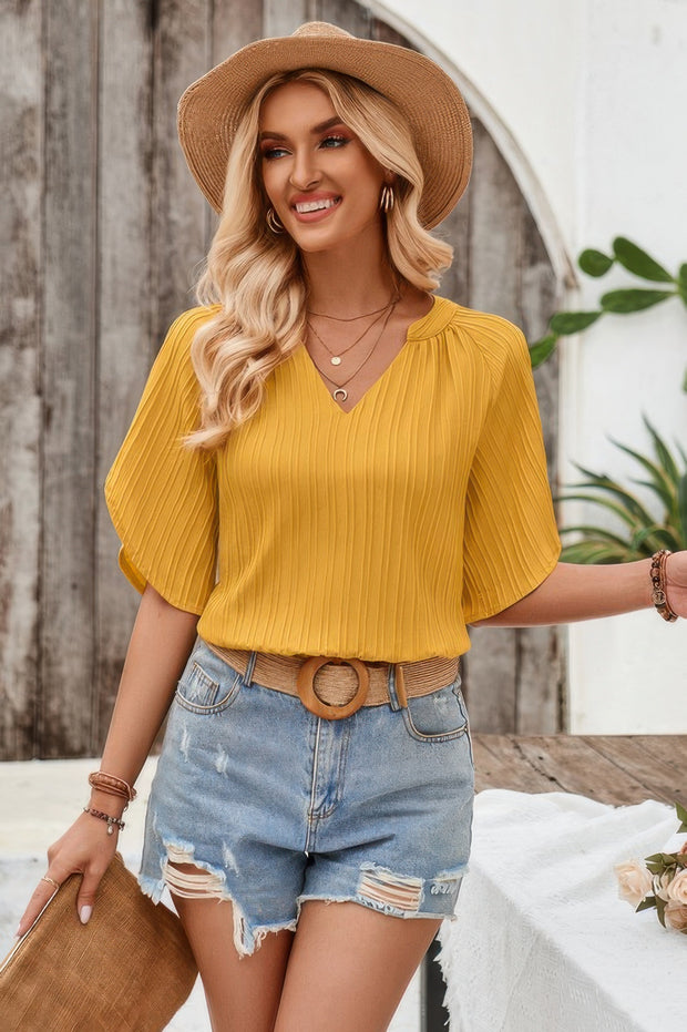 Plain V Neck Loose Fit Short Sleeve Blouse