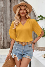 Plain V Neck Loose Fit Short Sleeve Blouse